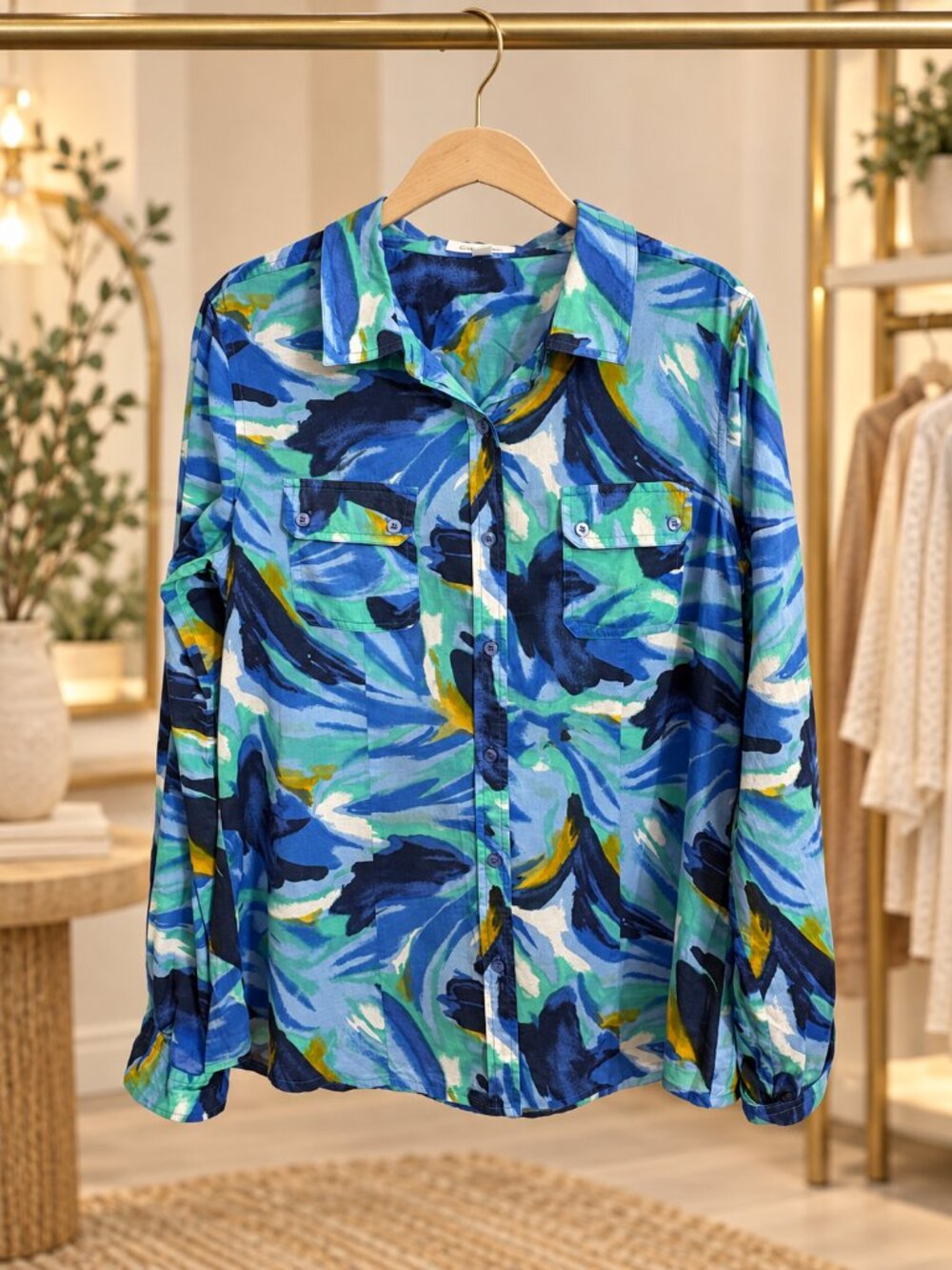 Calvin Klein Blue Green Watercolor Cotton Roll-Tab Button Shirt M